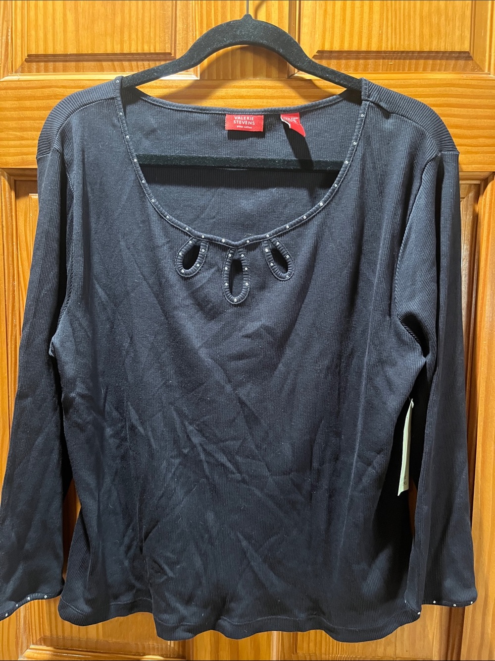 Valerie Stevens Black Long Sleeve Scoop Neck Top with Loop Detail